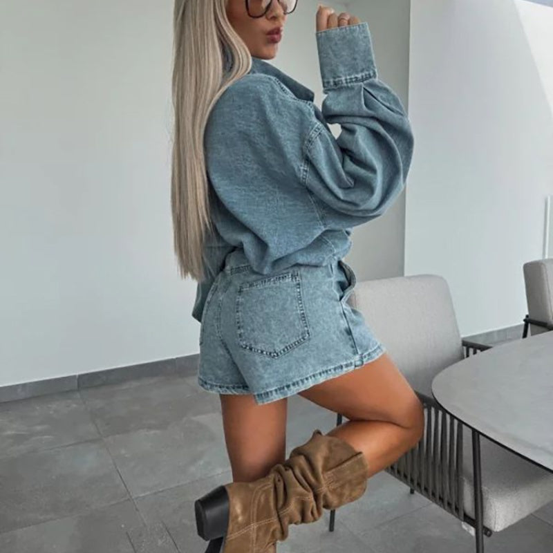 ✨Free Shipping--Early Summer New✨Women's Summer Denim Set Oversized Shirt & Skirt Shorts