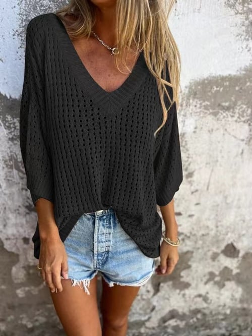 🔥50% discount on special offer)V-neck Hollow Knitted Top (Buy 2 Free Shipping)