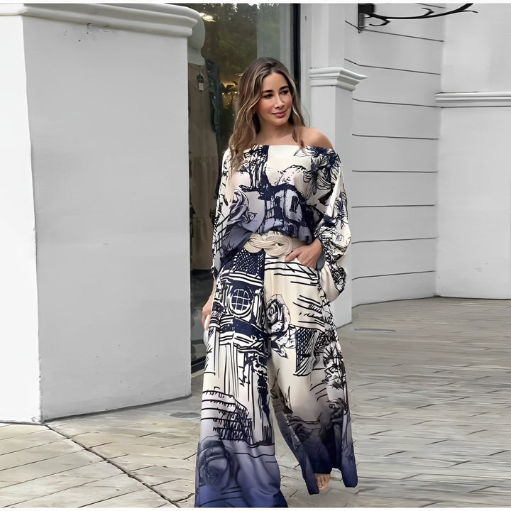 🔥Best Seller🔥Fashion Printed Bat Wings Wide Leg Pants Suit [Free Belt]