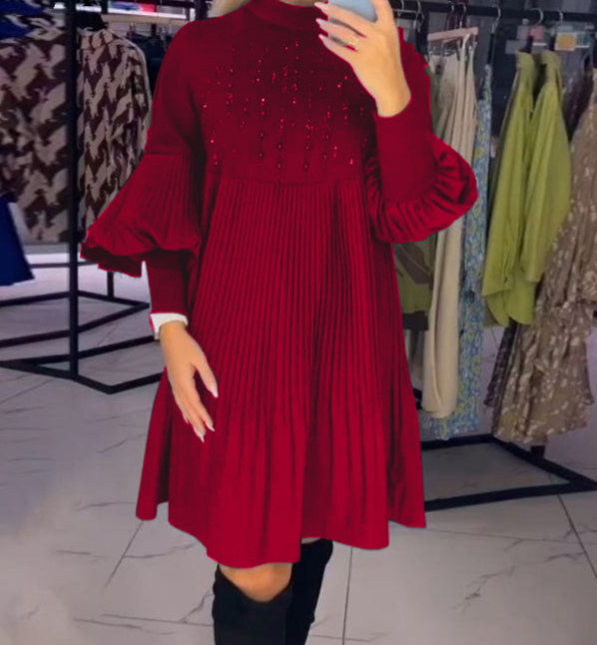 🌈Christmas Sales - 50% OFF🎉Women's Plus Size Lantern Sleeve Stand Collar Dress