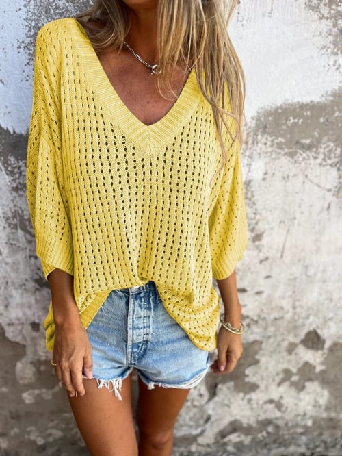 🔥50% discount on special offer)V-neck Hollow Knitted Top (Buy 2 Free Shipping)