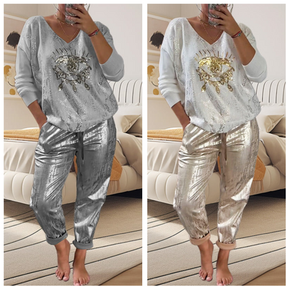 🌷Free Shipping💝Devil's Eye Gold Foil Top and Sequin Pants Set