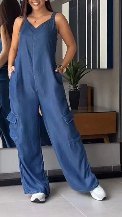 ✨️💙50% OFF✨️💙Thin Denim Cargo Pocket V-neck Jumpsuit