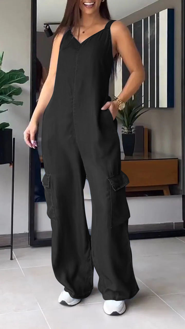 ✨️💙50% OFF✨️💙Thin Denim Cargo Pocket V-neck Jumpsuit