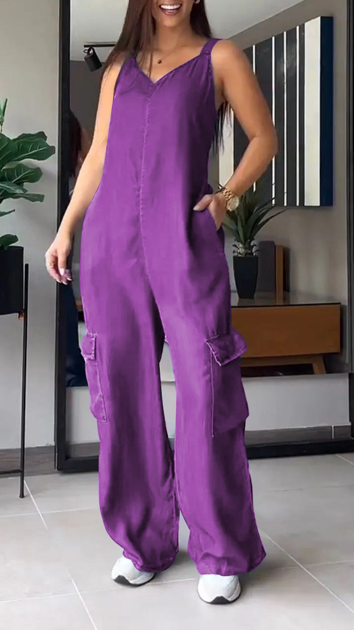 ✨️💙50% OFF✨️💙Thin Denim Cargo Pocket V-neck Jumpsuit