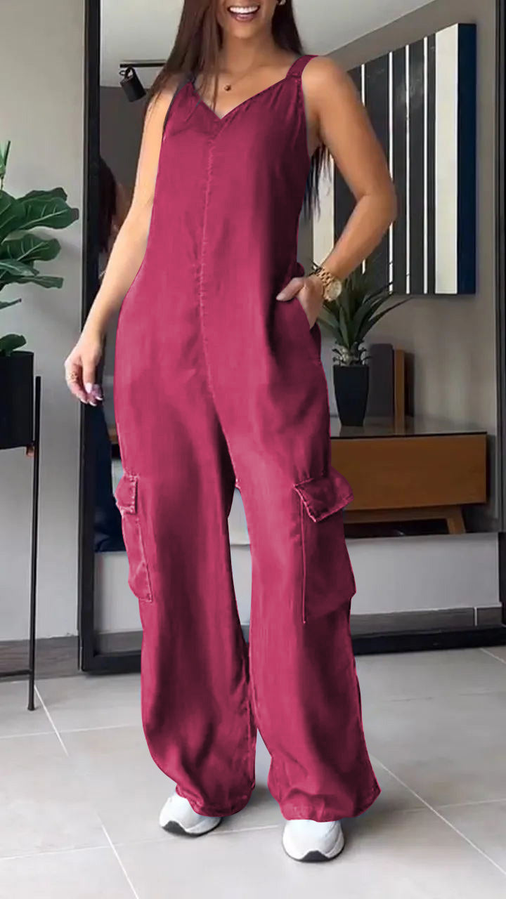 ✨️💙50% OFF✨️💙Thin Denim Cargo Pocket V-neck Jumpsuit