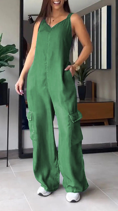 ✨️💙50% OFF✨️💙Thin Denim Cargo Pocket V-neck Jumpsuit