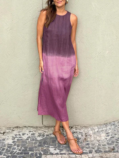 💃BIG SALE ONLY TODAY! - Women's casual cotton and linen sleeveless slit gradient tie-dye long dress