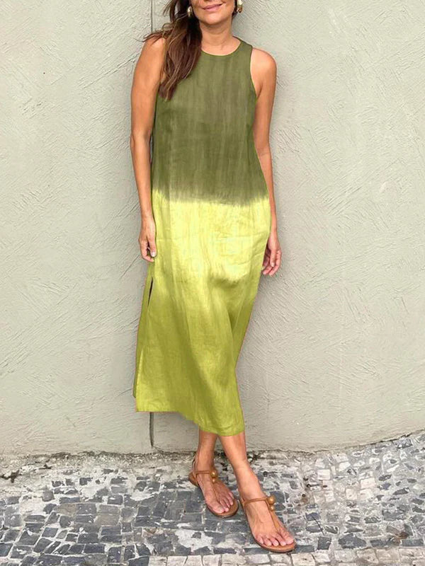 💃BIG SALE ONLY TODAY! - Women's casual cotton and linen sleeveless slit gradient tie-dye long dress