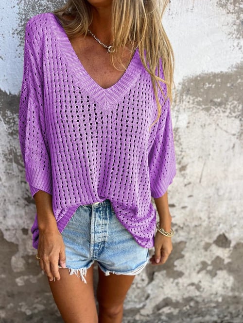 🔥50% discount on special offer)V-neck Hollow Knitted Top (Buy 2 Free Shipping)