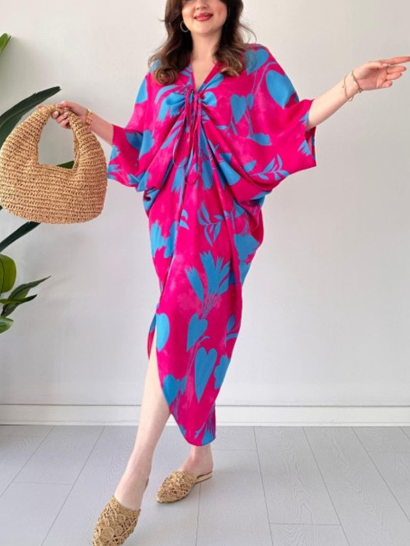 Free shipping for two pieces💃 Fashion Printed Loose Bat Sleeves V-neck Drawstring Dress