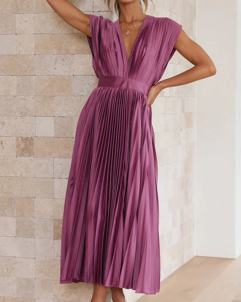 💃Timeless Elegance: Draped V-Neck Pleated Skirt Dress