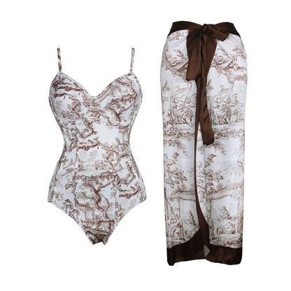 Women's Plants Print Contrast Mesh Swimsuit Set