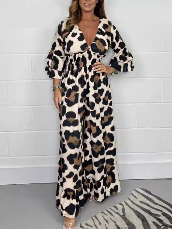 Leopard print V-neck jumpsuit