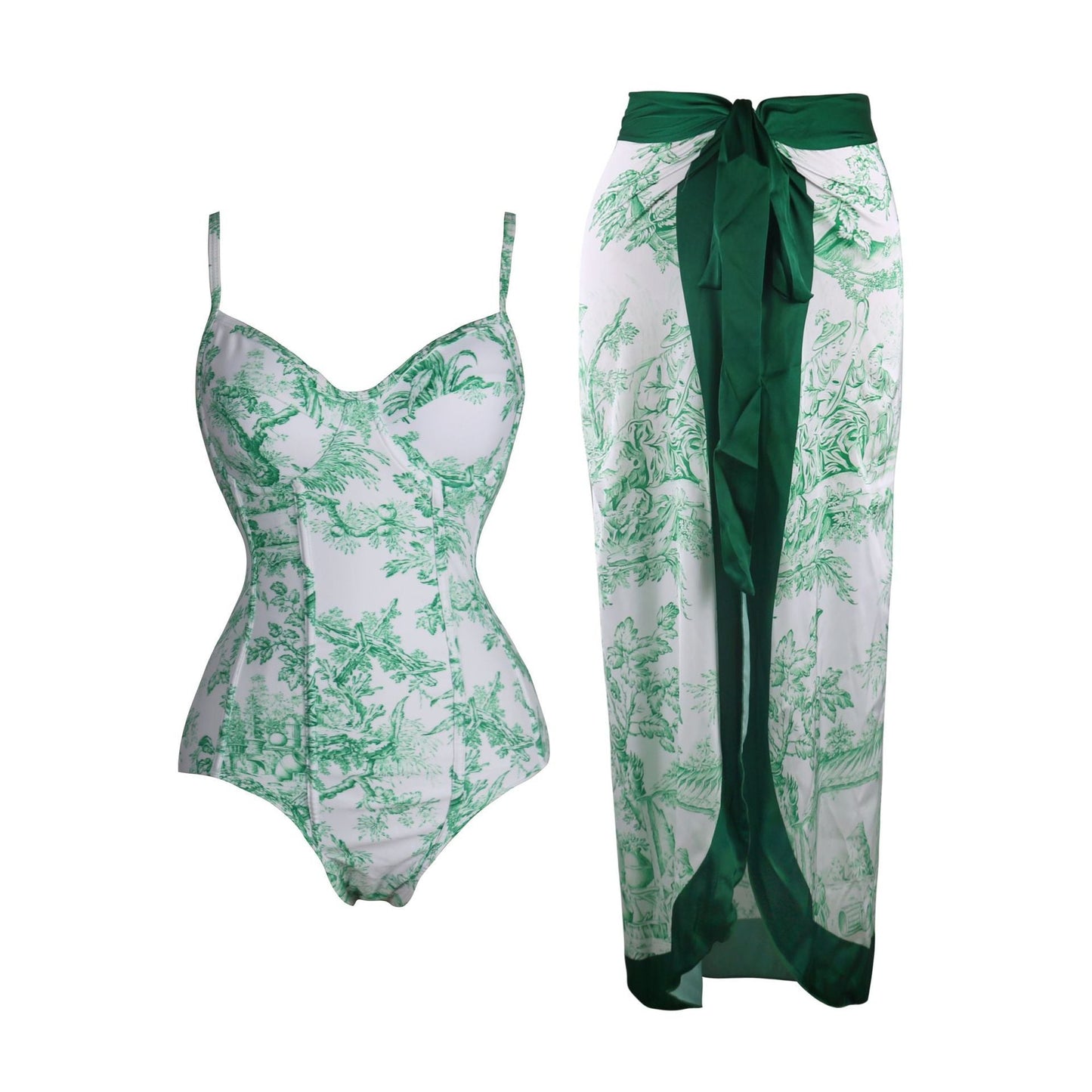 Women's Plants Print Contrast Mesh Swimsuit Set