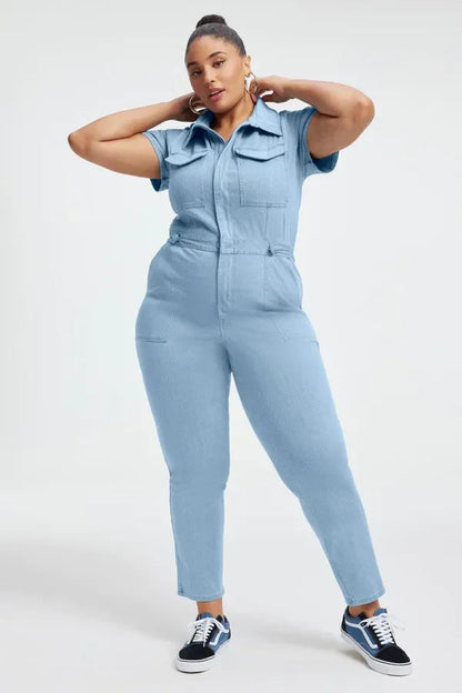 Show off your curves! The figure-hugging denim jumpsuit makes you the center of attention!