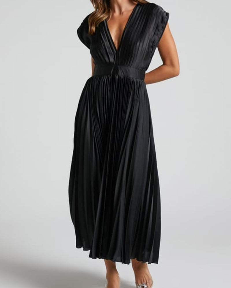 💃Timeless Elegance: Draped V-Neck Pleated Skirt Dress