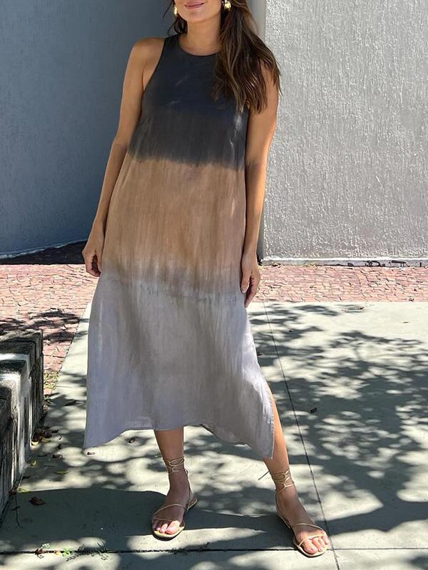 💃BIG SALE ONLY TODAY! - Women's casual cotton and linen sleeveless slit gradient tie-dye long dress