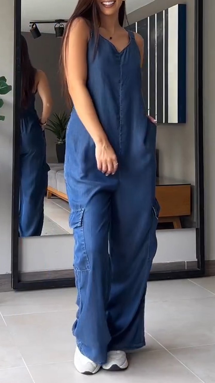 ✨️💙50% OFF✨️💙Thin Denim Cargo Pocket V-neck Jumpsuit