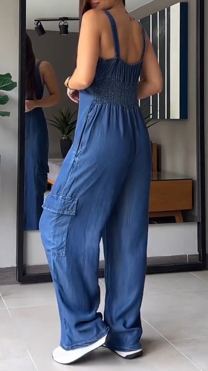 ✨️💙50% OFF✨️💙Thin Denim Cargo Pocket V-neck Jumpsuit