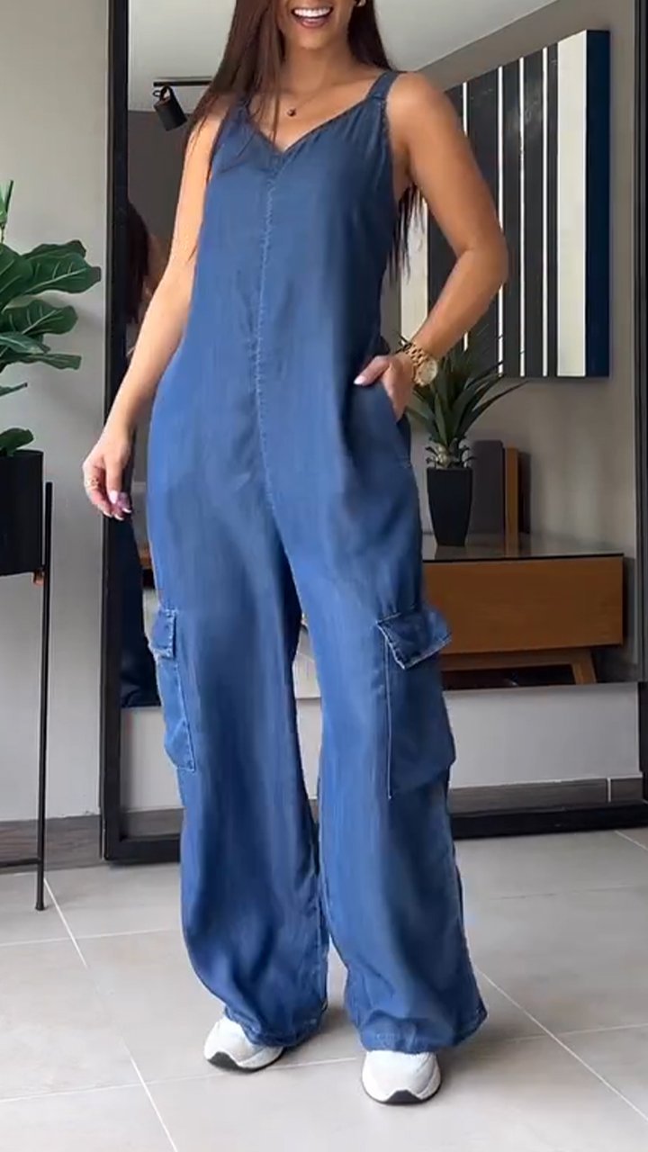 ✨️💙50% OFF✨️💙Thin Denim Cargo Pocket V-neck Jumpsuit