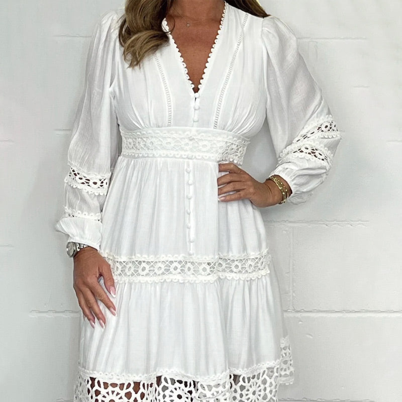 🎁Hot Sale 50% OFF⏳Women's White Vintage Hollow Out Lace V-Neck Dress