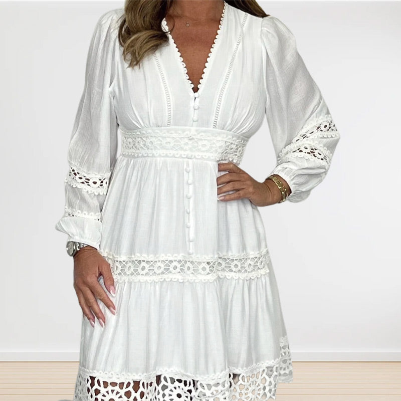 🎁Hot Sale 50% OFF⏳Women's White Vintage Hollow Out Lace V-Neck Dress