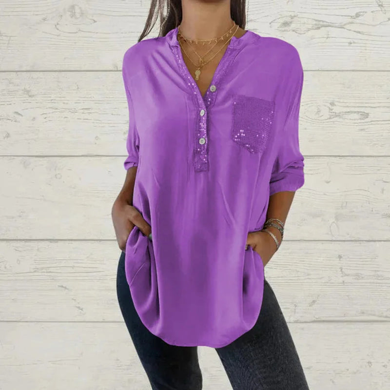 Women's Sequin Patchwork V-neck Shirt