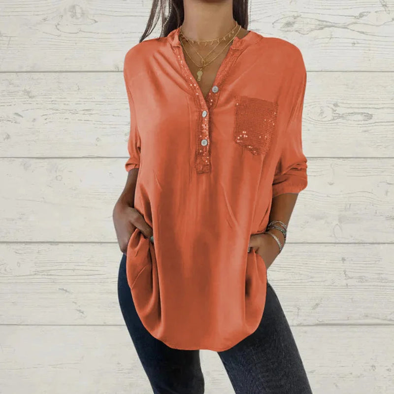 Women's Sequin Patchwork V-neck Shirt