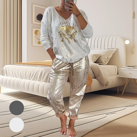 🌷Free Shipping💝Devil's Eye Gold Foil Top and Sequin Pants Set