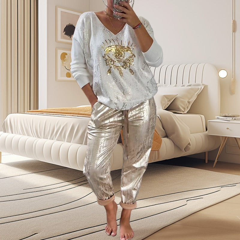 🌷Free Shipping💝Devil's Eye Gold Foil Top and Sequin Pants Set