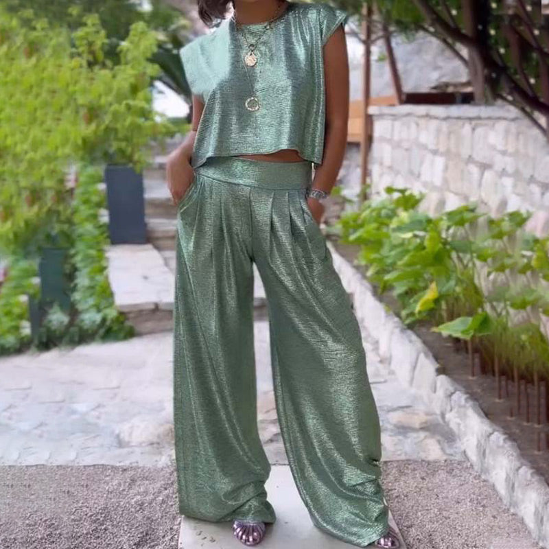 🎉Hot Sale 49%OFF🔥Women's shiny loose crop top and wide-leg pants with pockets