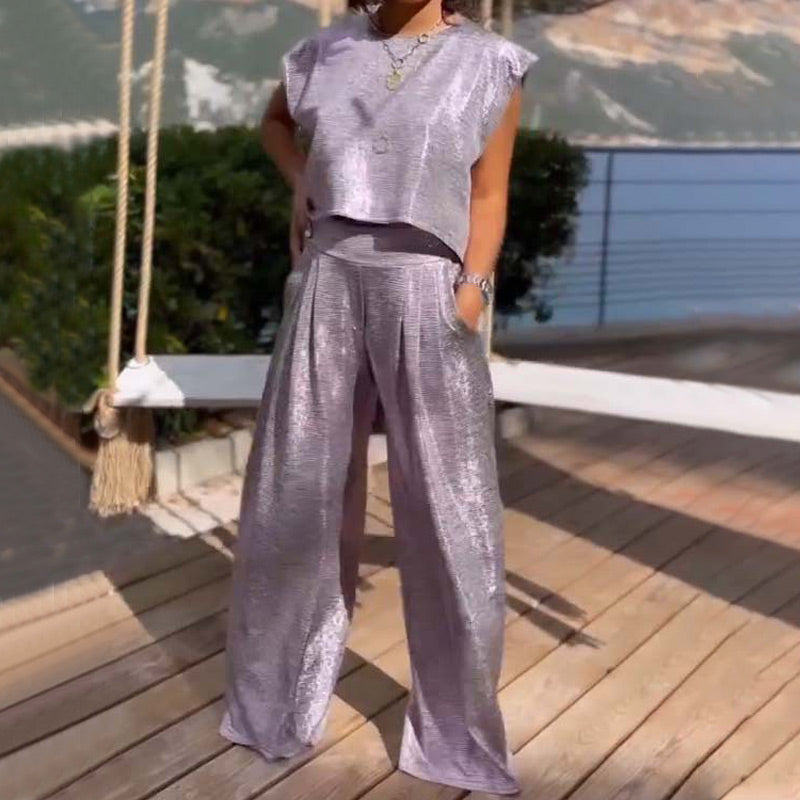 🎉Hot Sale 49%OFF🔥Women's shiny loose crop top and wide-leg pants with pockets