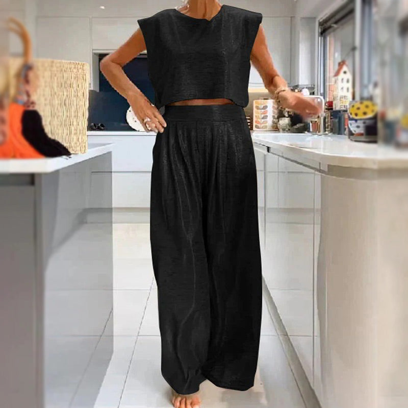 🎉Hot Sale 49%OFF🔥Women's shiny loose crop top and wide-leg pants with pockets