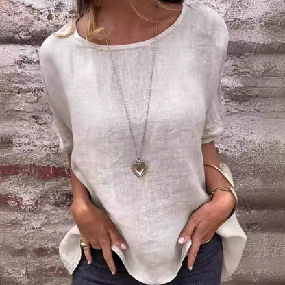 Women's Solid Color Round Neck Half-sleeved Cotton Linen Blouse