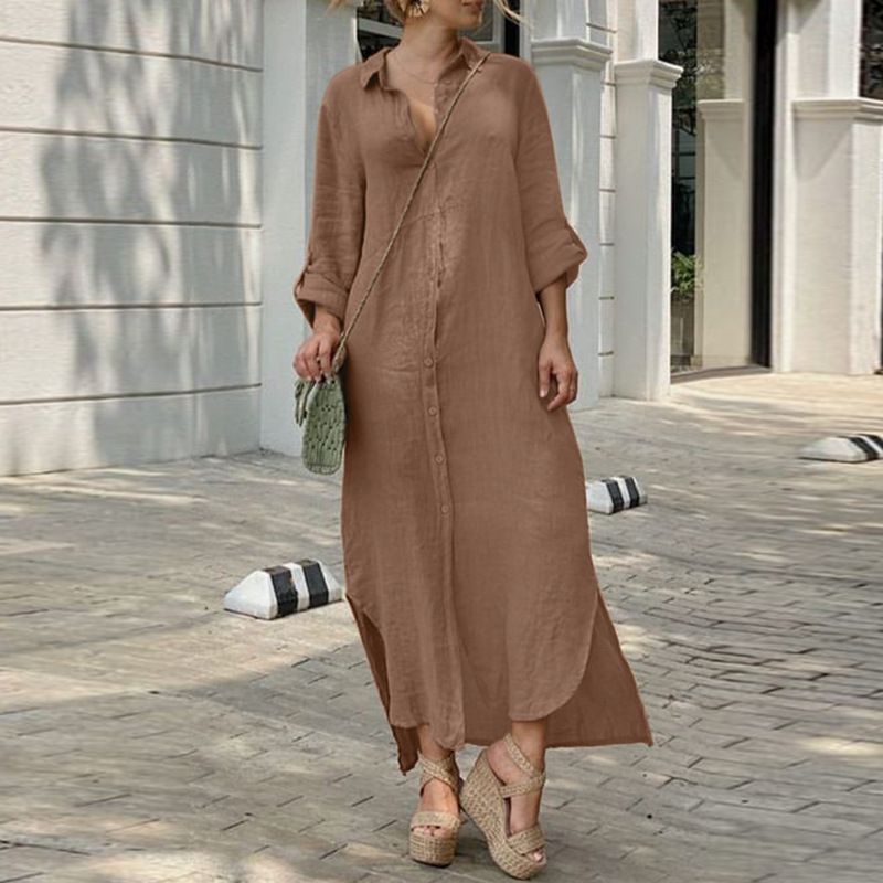 Women’s Casual Cotton Linen Shirt Style Button Dress