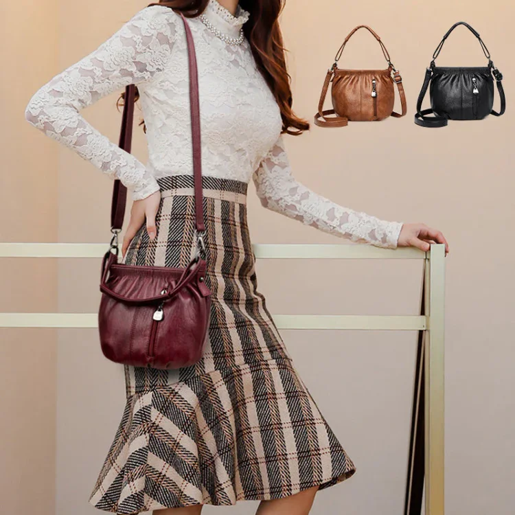 Casual Pleated Bucket Soft Leather Handbag Shoulder Bag