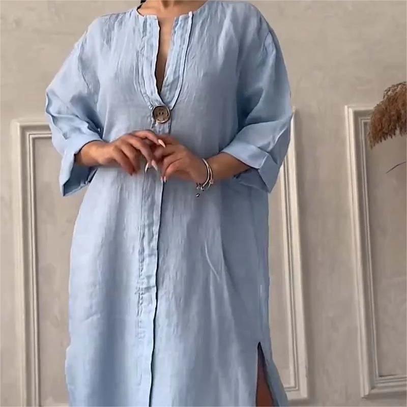 Casual Breathable 3/4 Sleeves V Neck Solid Color Dress