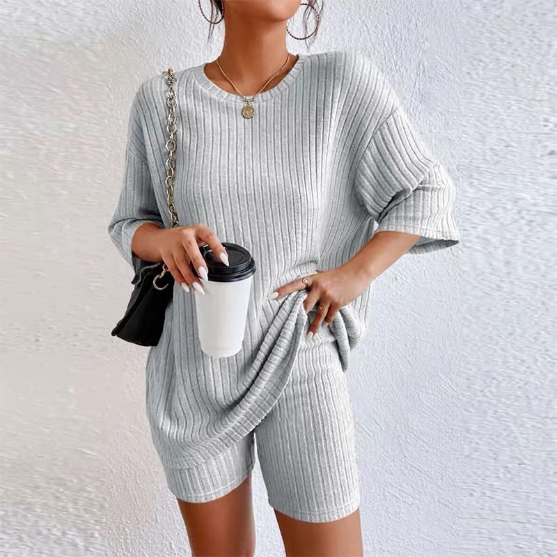 🎉Limited time offer 50% OFF💖Women's Rib Knit T-shirt and Shorts Casual 2-piece Set