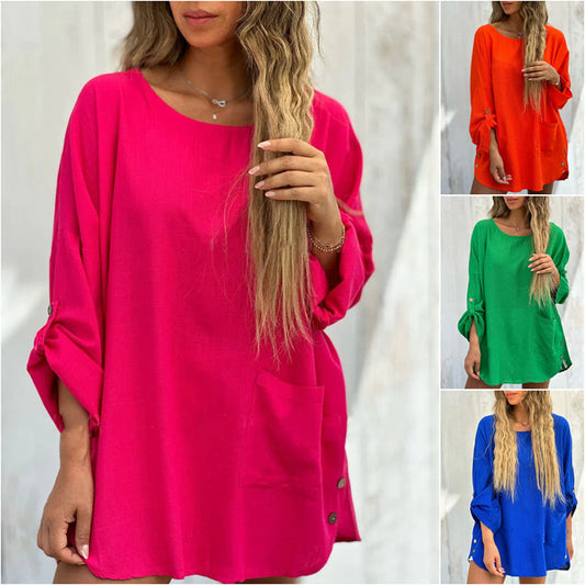 50% OFF TODAY🌹Women's Solid Color Loose Tops with Roll-Up Sleeves