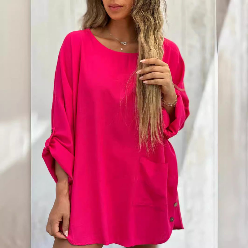 50% OFF TODAY🌹Women's Solid Color Loose Tops with Roll-Up Sleeves