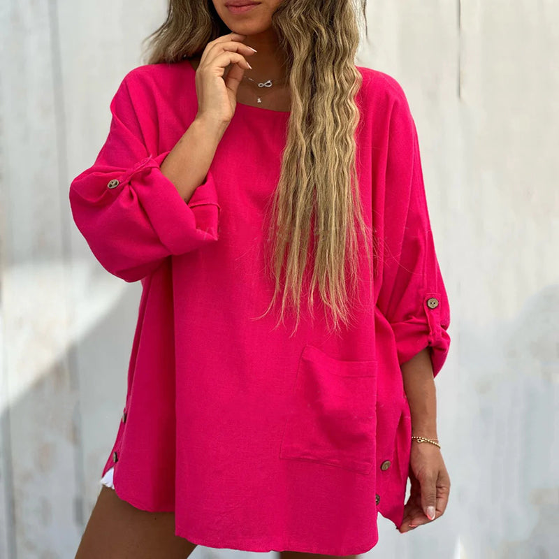 50% OFF TODAY🌹Women's Solid Color Loose Tops with Roll-Up Sleeves