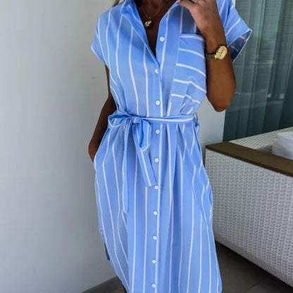 🔥Summer Hot Sale🔥Women's Casual Striped Tie Waist Shirt Dress with Pocket