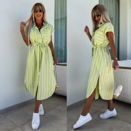 🔥Summer Hot Sale🔥Women's Casual Striped Tie Waist Shirt Dress with Pocket