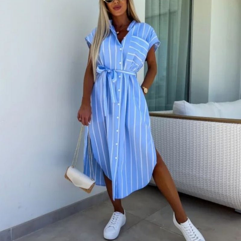 🔥Summer Hot Sale🔥Women's Casual Striped Tie Waist Shirt Dress with Pocket