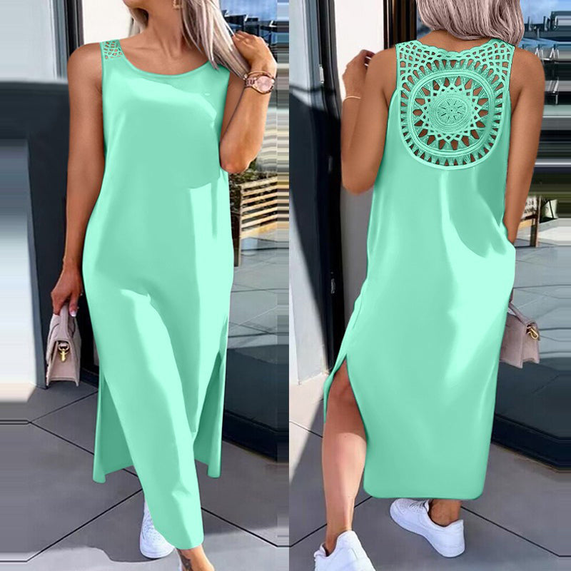 Women's Solid Color Mid-Length Dress with Back Cutout