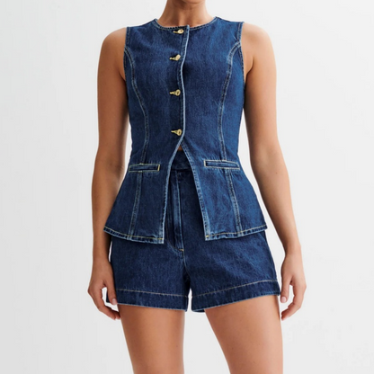 💕HOT SALE- FREE SHIPPING💕Women's Casual Denim Two-Piece Sleeveless Top & Shorts Set