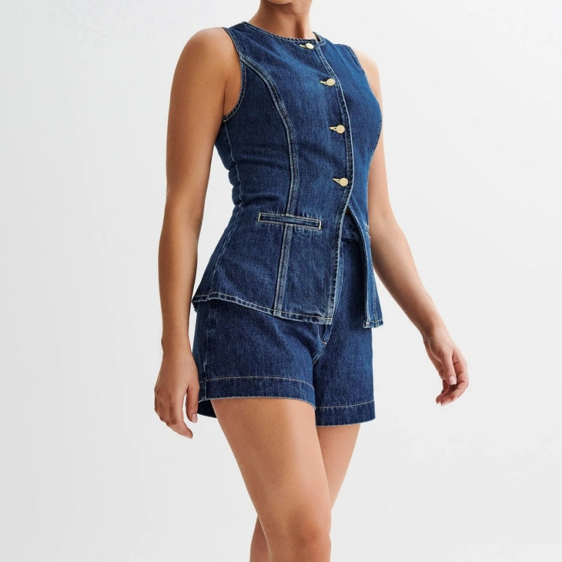 💕HOT SALE- FREE SHIPPING💕Women's Casual Denim Two-Piece Sleeveless Top & Shorts Set