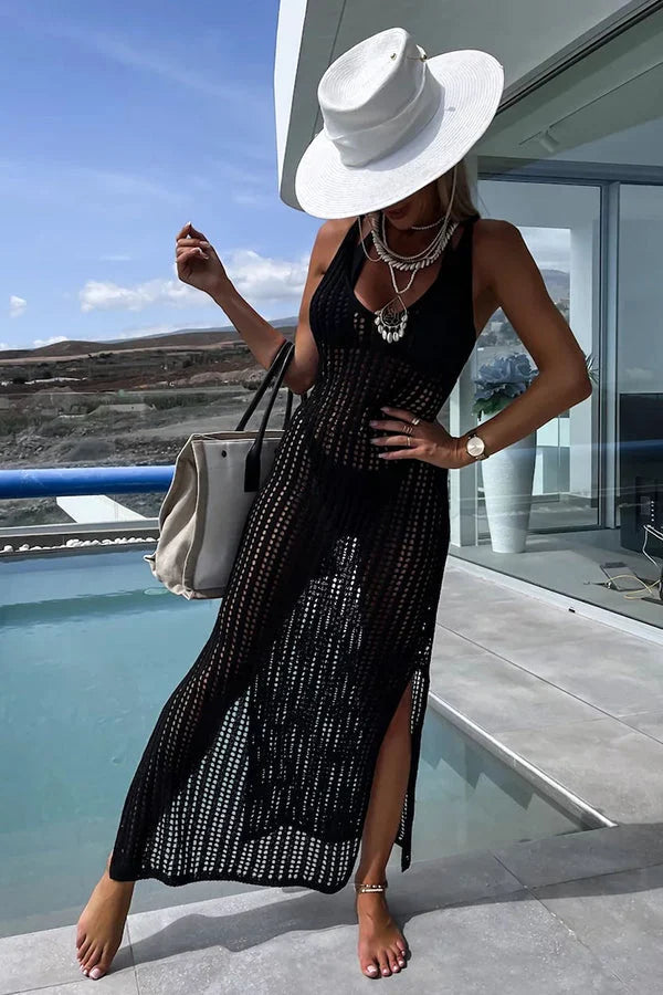 🦋Hot Sale-exquisite knitwear🎁Deserted Island Crochet Knit Cross Back Cover Up Maxi Dress