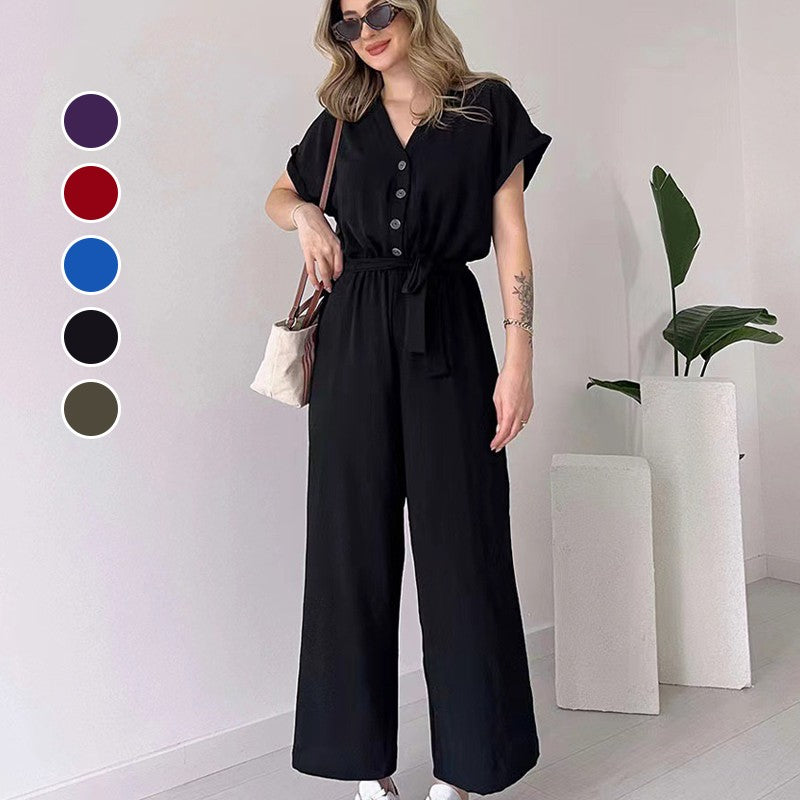 💕50% off💕Women's V-Neck Short Sleeve Casual Jumpsuit